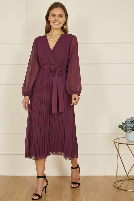 Yumi Plum Pleated Wrap Midi Dress With Sheer Long Sleeves