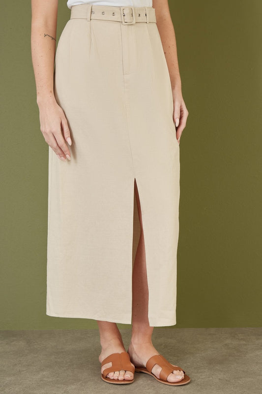 Yumi Stone Cotton Midi Skirt With Belt And Split Hem