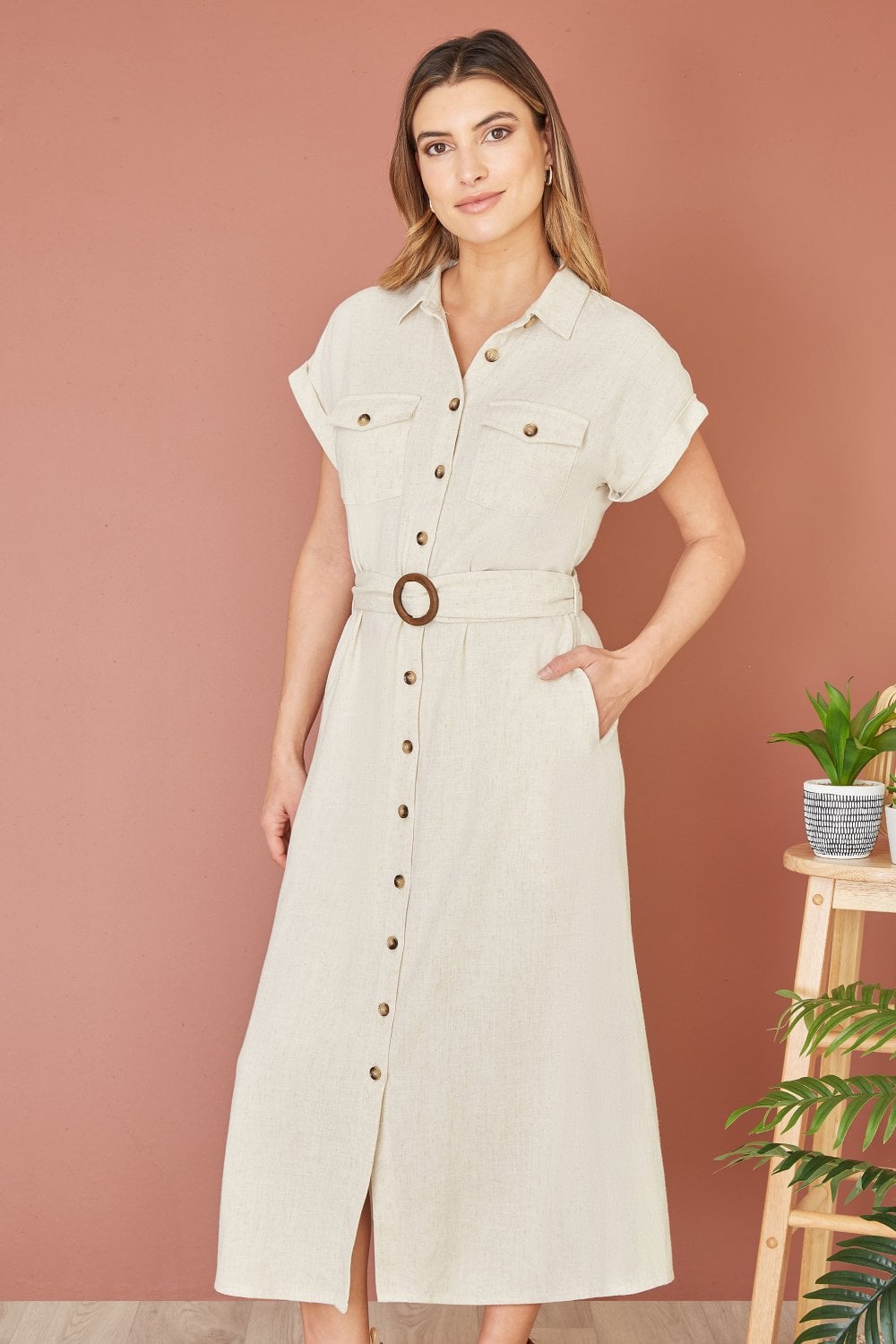 Yumi Stone Viscose Linen Look Midi Shirt Dress With Wooden Belt