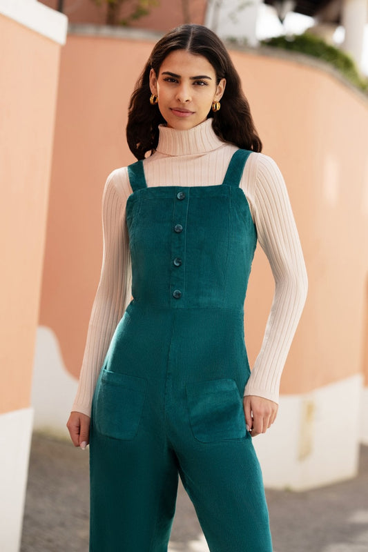 Yumi Teal Cord Stretch Dungaree Style Jumpsuit