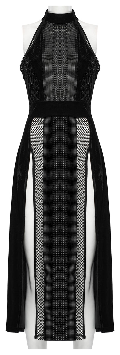 Punk Rave Selene Velvet Mesh High Slit Goth Dress In Black