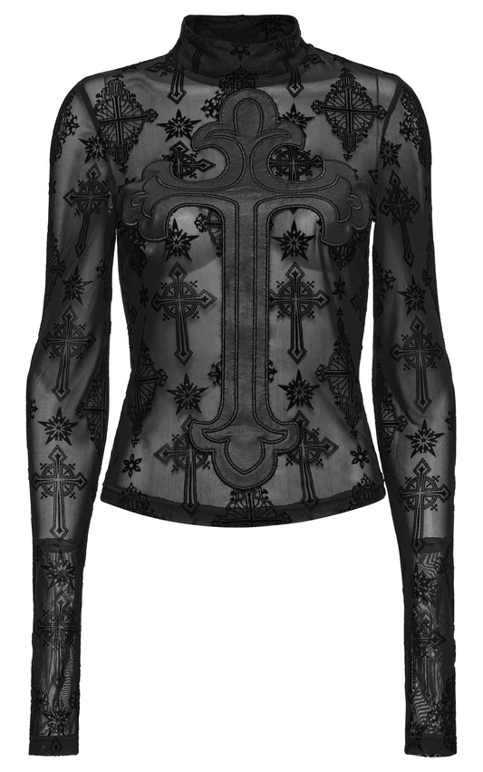Punk Rave Morrigan Cross Embroidered Mesh Top