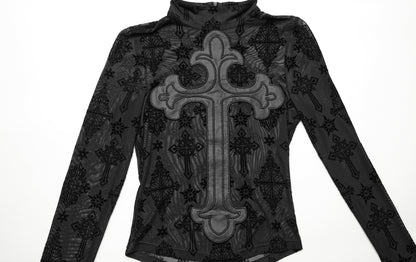 Punk Rave Morrigan Cross Embroidered Mesh Top