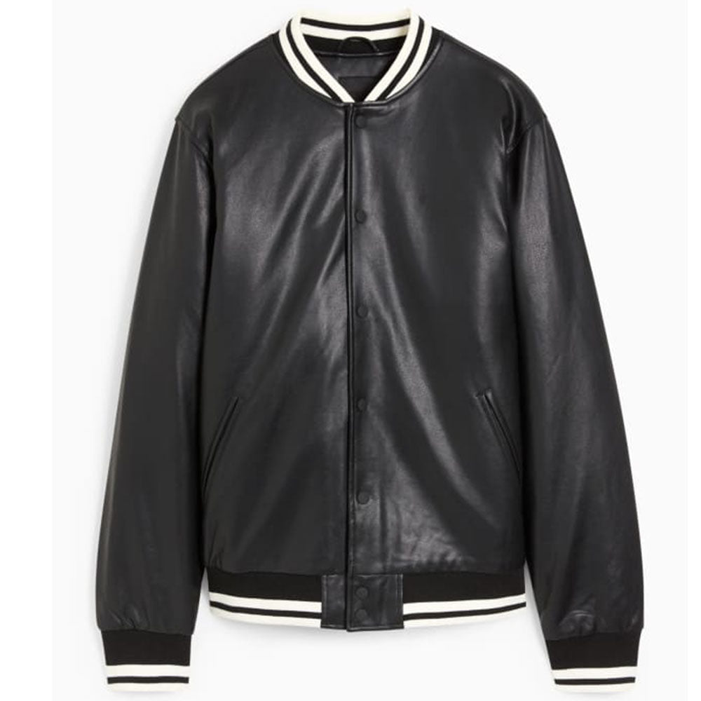 Men's Faux Leather Bomber Varsity Jacket, two side pockets, Black (Also Available in Real Leather) | Black