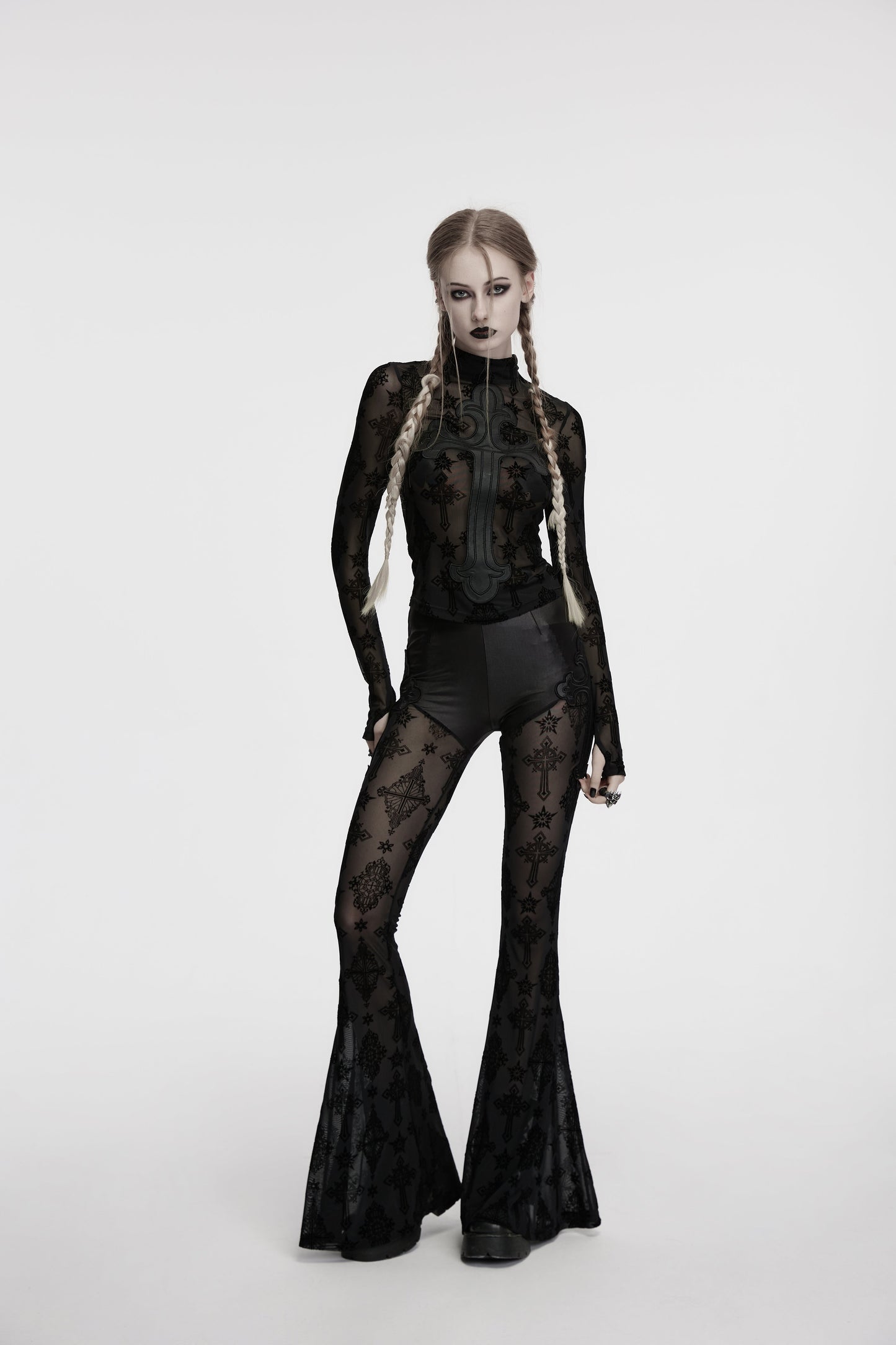Punk Rave Morrigan Cross Embroidered Mesh Top