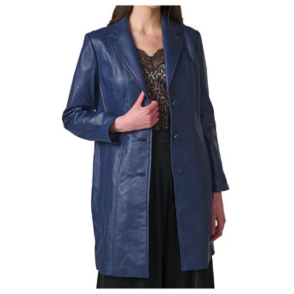 Women's Real Long Leather Trench Coat | Blue