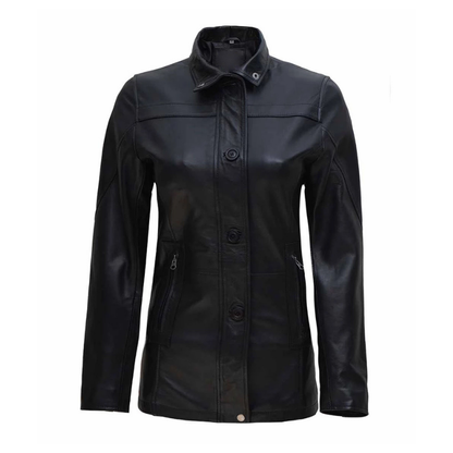 Women's 3/4 Length Button + Zipper Closure Leather Coat | Black