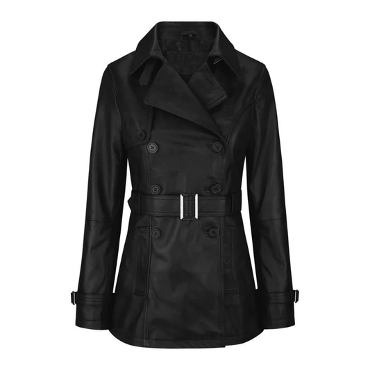 Women's Leather Belted Trench Car Coat | Black