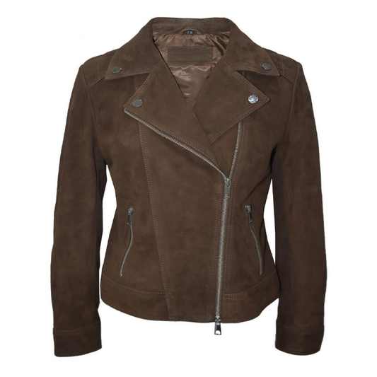 Women's Moto Biker Jacket Suede Leather, Asymmetrical Zip Front | Brown
