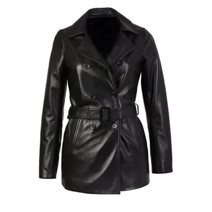 Women's Double-Breasted Leather Trench Coat, Belted Waist | Black
