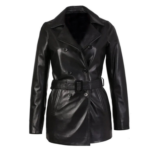 Women's Double-Breasted Leather Trench Coat, Belted Waist | Black
