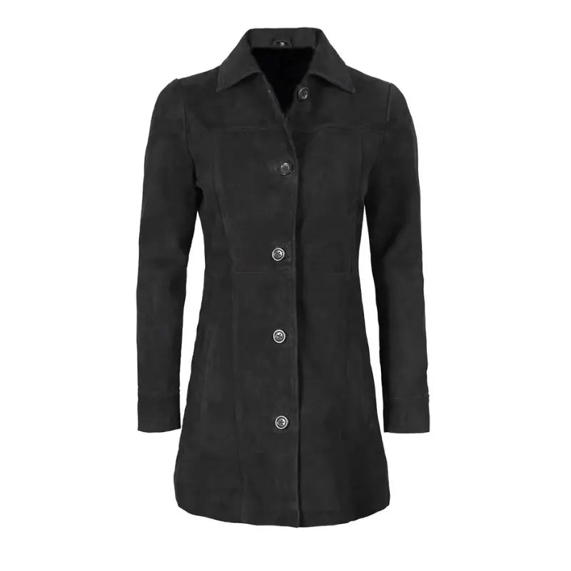 Women's Suede Leather Trench Coat Front Button | Black