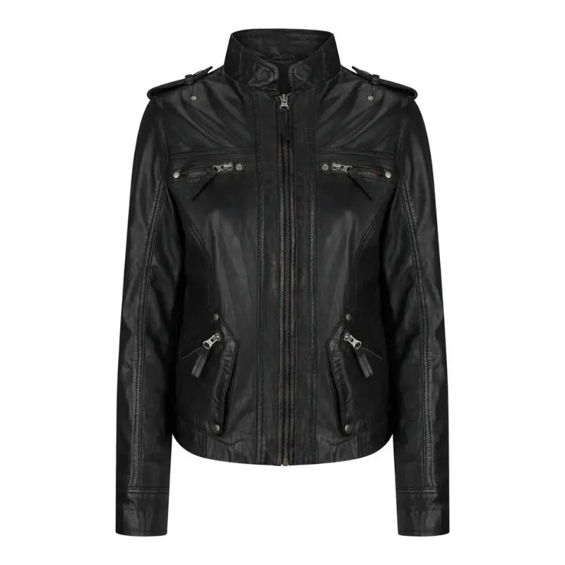 Women's Leather Motorcycle Jacket Multiple Zip Pockets Stand Collar | Black