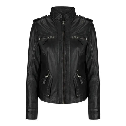 Women's Leather Motorcycle Jacket Multiple Zip Pockets Stand Collar | Black