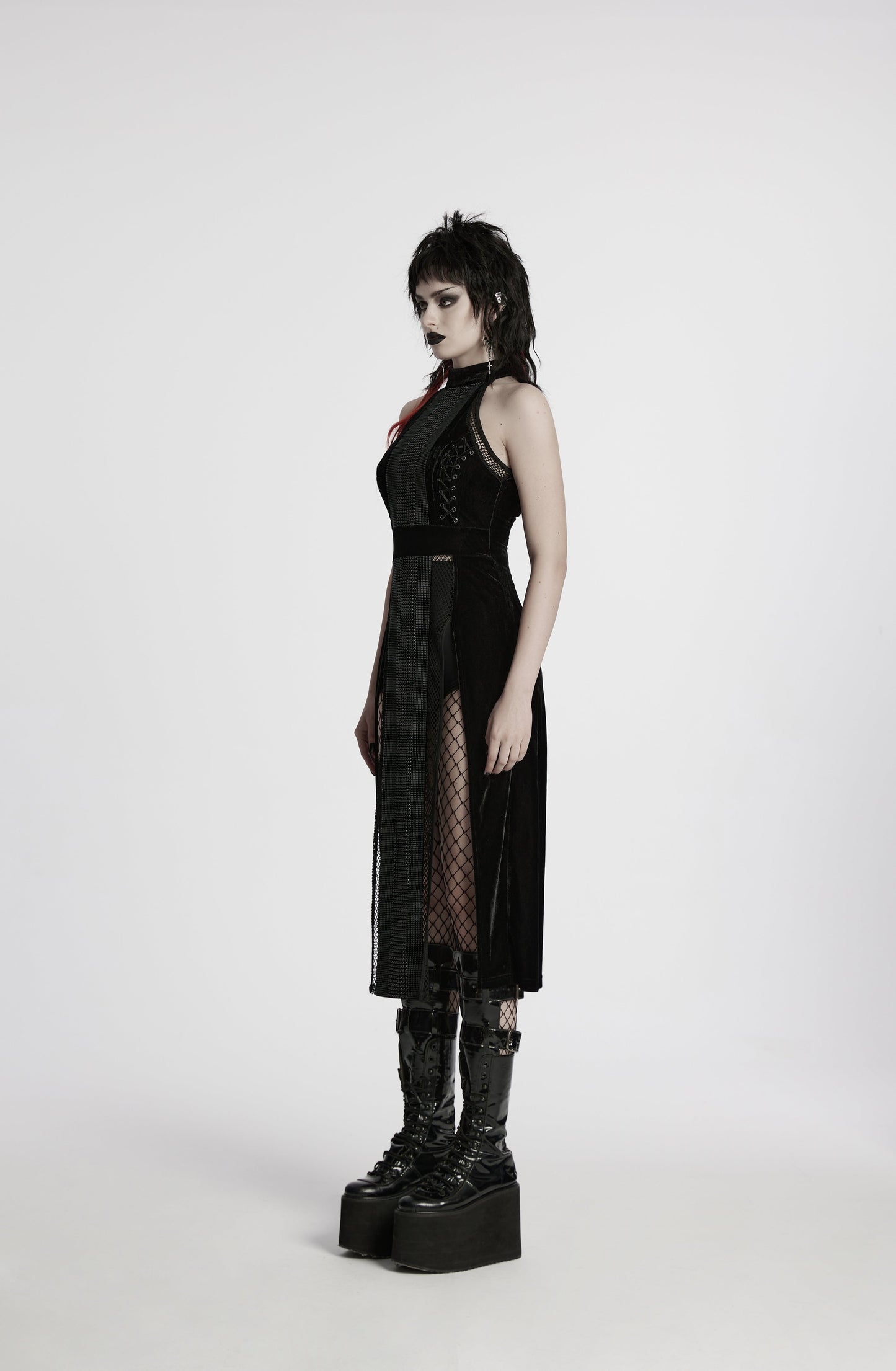 Punk Rave Selene Velvet Mesh High Slit Goth Dress In Black