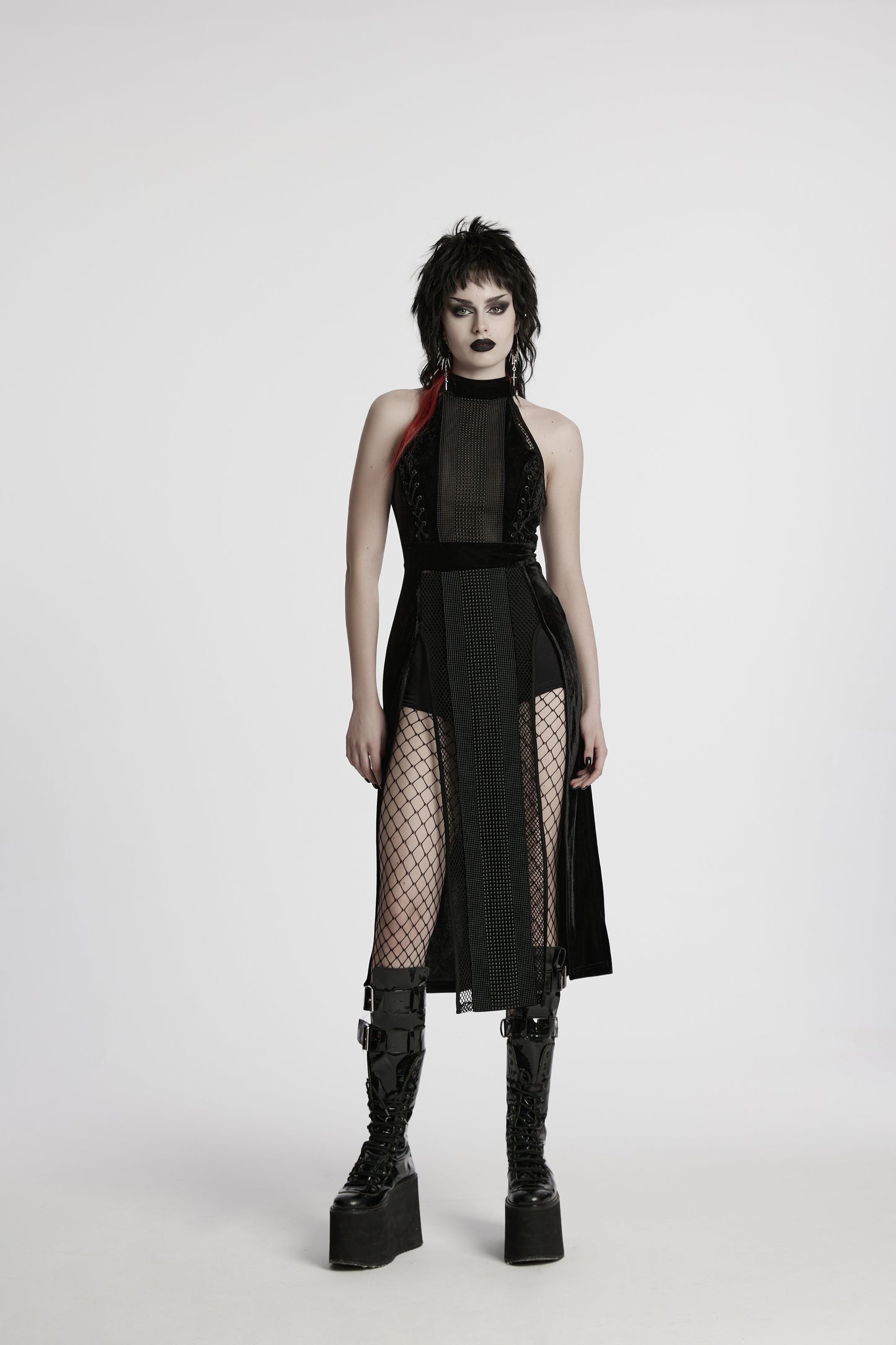 Punk Rave Selene Velvet Mesh High Slit Goth Dress In Black