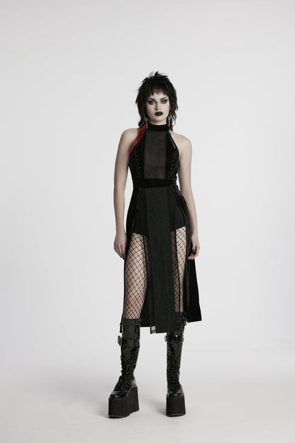 Punk Rave Selene Velvet Mesh High Slit Goth Dress In Black