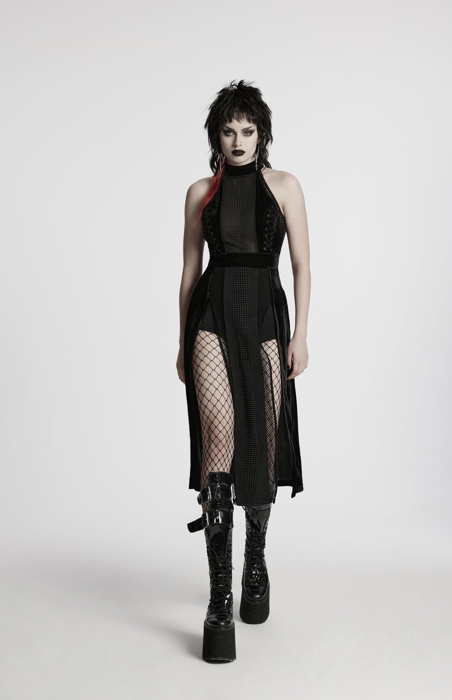 Punk Rave Selene Velvet Mesh High Slit Goth Dress In Black