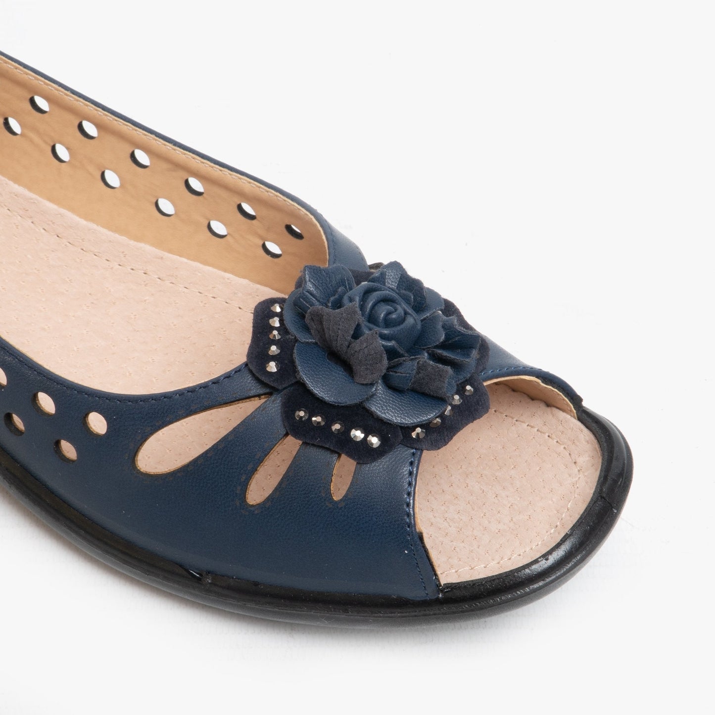 Boulevard DAYNA Womens Faux Leather Flower Peep Toe Flats Navy