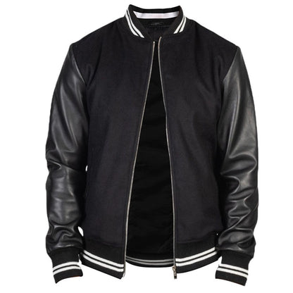 Men's Harrington Bomber Leather Varsity Style Jacket | Black