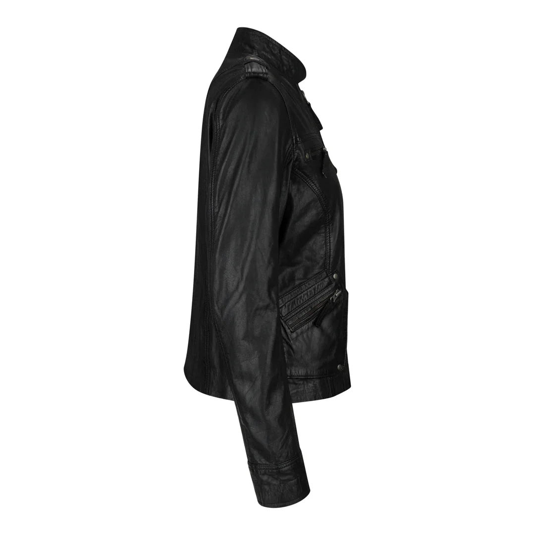 Women's Leather Motorcycle Jacket Multiple Zip Pockets Stand Collar | Black
