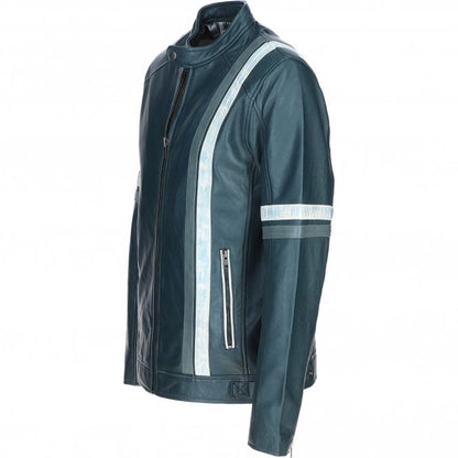 Men's Motorcycle Leather Jacket Gray & White Stripes | Blue & Black
