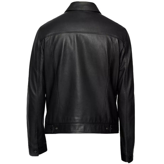 Men's Trucker Faux Leather Jacket, Button Closure, Two Pockets (Also Available in Real Leather) | Black
