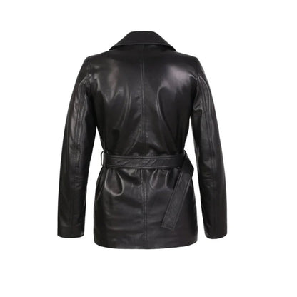 Women's Double-Breasted Leather Trench Coat, Belted Waist | Black