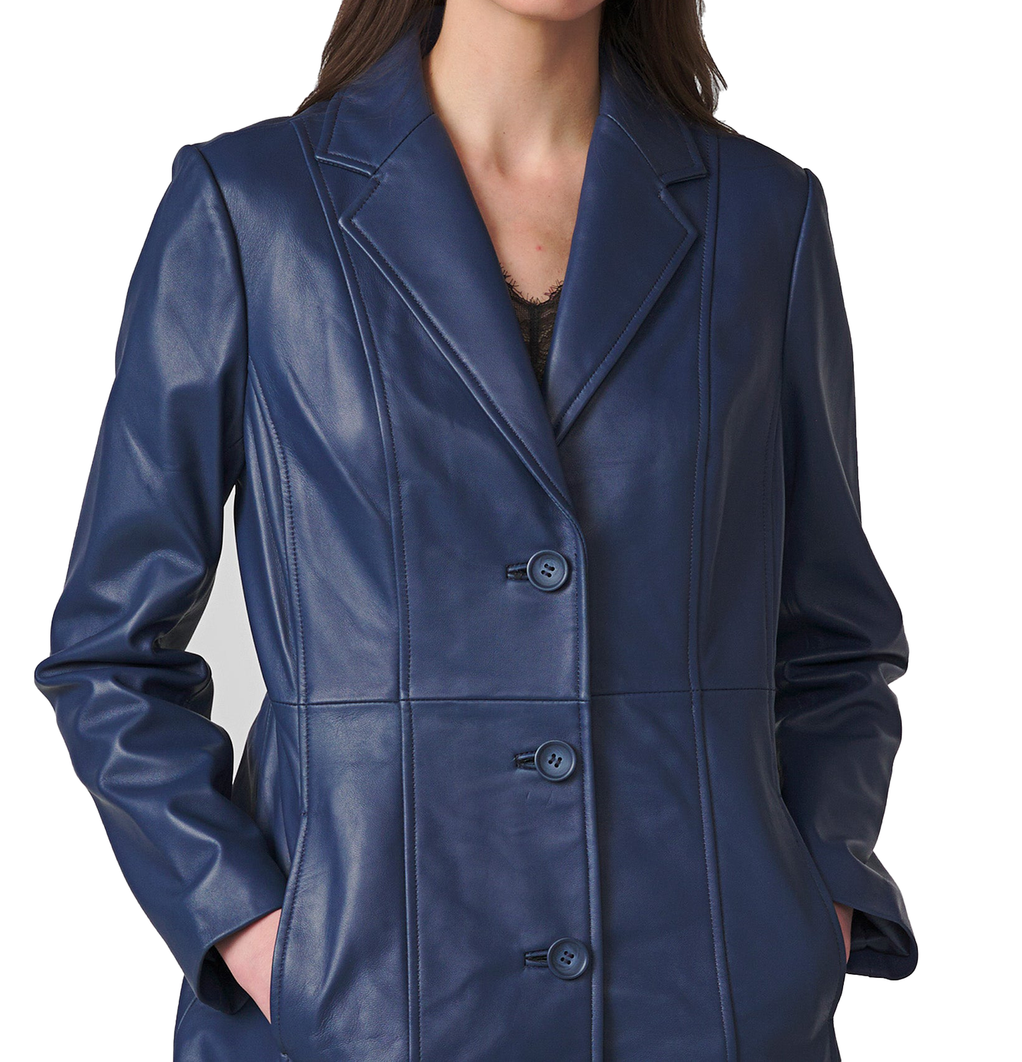 Women's Real Long Leather Trench Coat | Blue