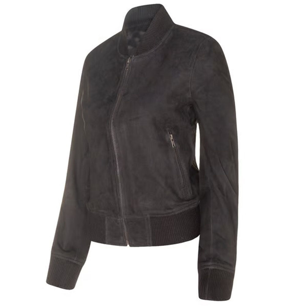Women's Suede Bomber Leather Jacket, Zip Front, Ribbed Cuffs and Hem | Black