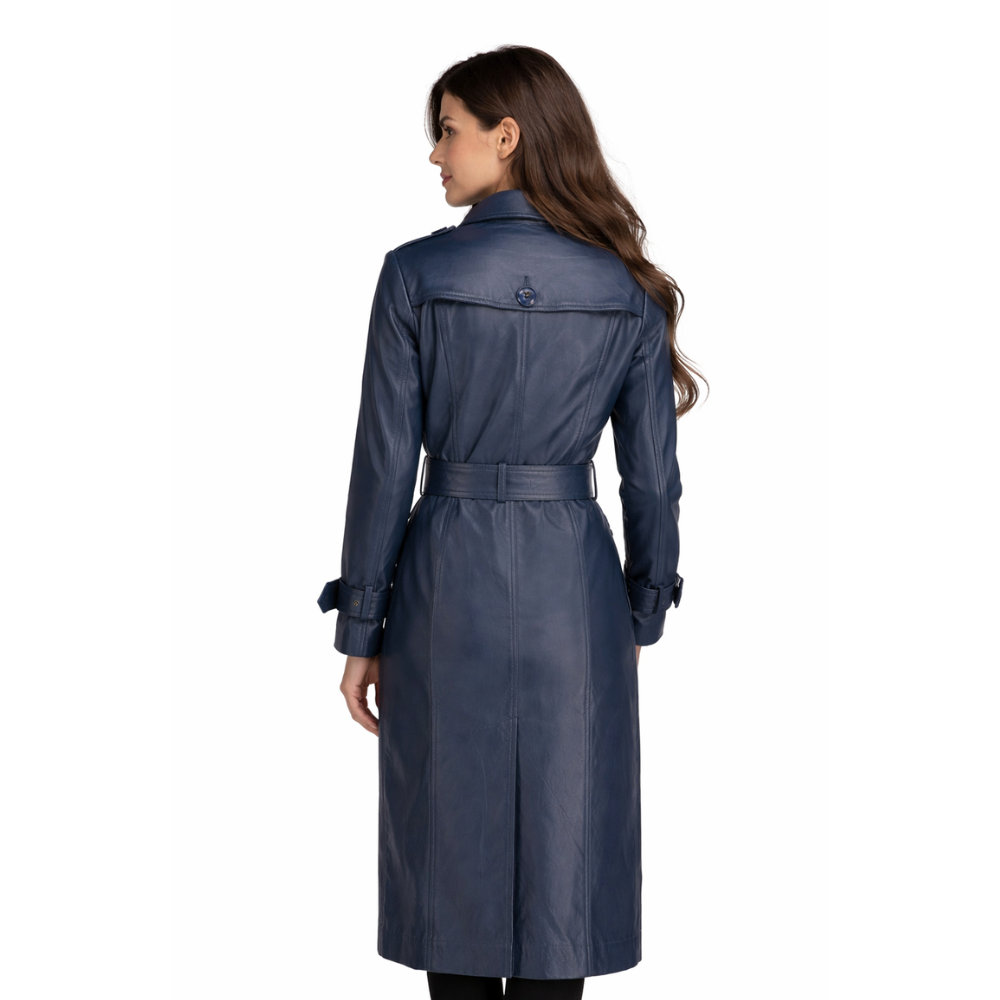 Womens Double Breasted Leather Trench Coat | Blue