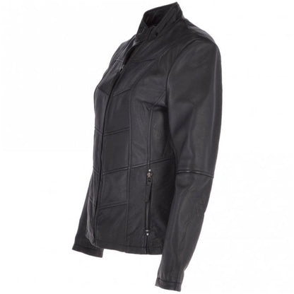 Women's Biker Style Leather Jacket With Zip Front & Stand Collar | Black