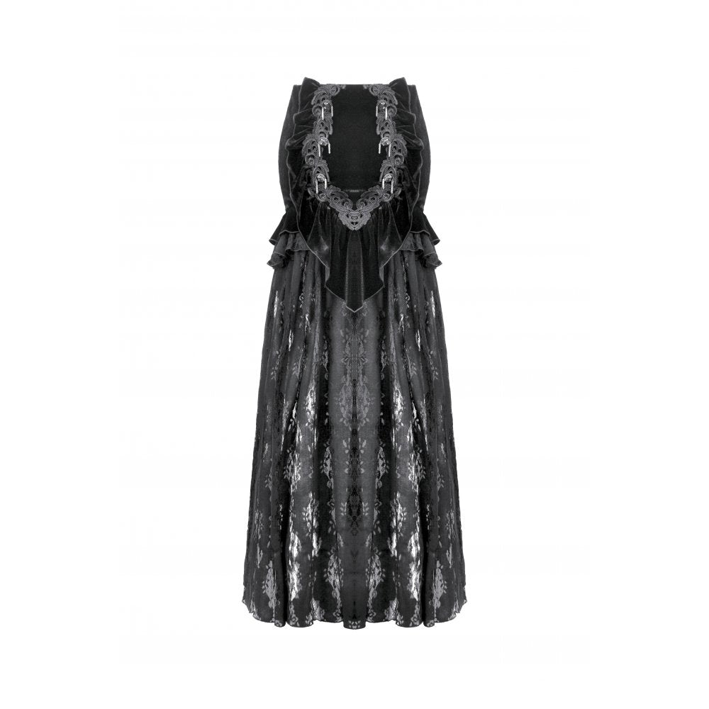 Dark in Love Gothic Lace Velvet Layered Maxi Skirt in Black