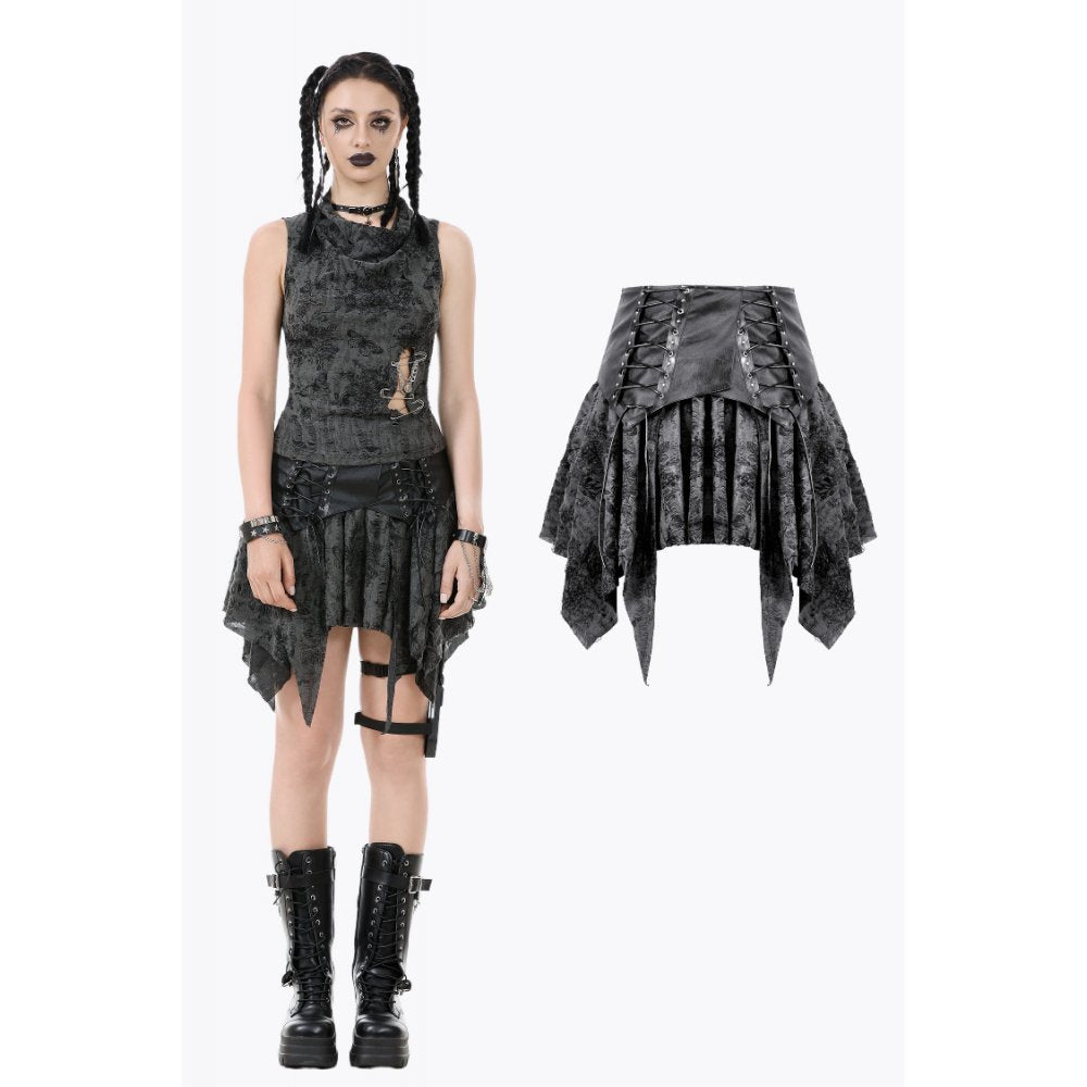 Dark in Love Elandra Layered Lace Handkerchief Hem Goth Skirt in Charcoal Black