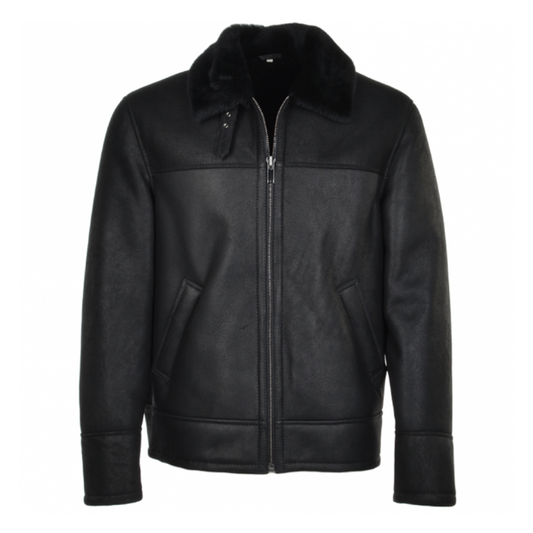 Men's Sheepskin Genuine Leather Jacket with Fur Collar | Black