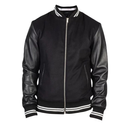 Men's Harrington Bomber Leather Varsity Style Jacket | Black