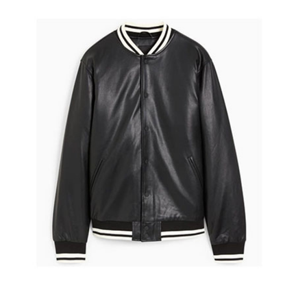 Men's Faux Leather Bomber Varsity Jacket, two side pockets, Black (Also Available in Real Leather) | Black