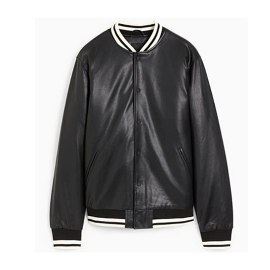 Men's Faux Leather Bomber Varsity Jacket, two side pockets, Black (Also Available in Real Leather) | Black