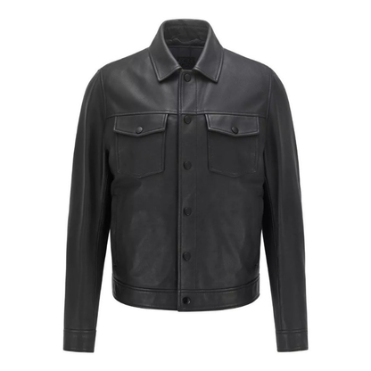 Men's Trucker Faux Leather Jacket, Button Closure, Two Pockets (Also Available in Real Leather) | Black