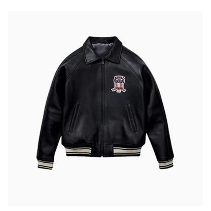 Men's Avirex Real Leather Jacket, Black Flight Bomber, American Varsity Style | Black