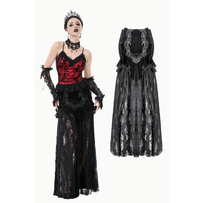 Dark in Love Gothic Lace Velvet Layered Maxi Skirt in Black