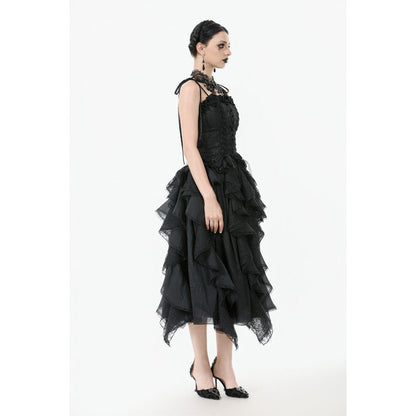 Dark in Love Morrigan Ruffled Goth Midi Skirt in Black