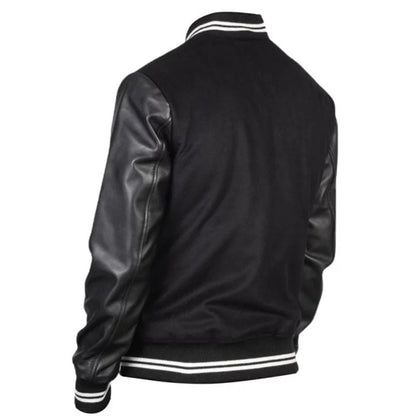 Men's Harrington Bomber Leather Varsity Style Jacket | Black