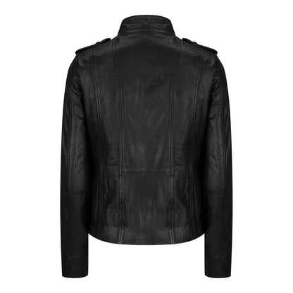 Women's Leather Motorcycle Jacket Multiple Zip Pockets Stand Collar | Black