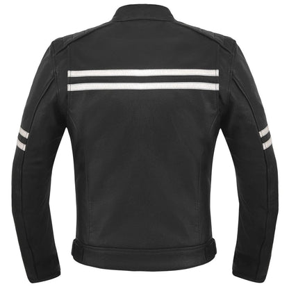 Men's Motor Cycle Leather Jacket with white Stripes Black Shoulders | Black