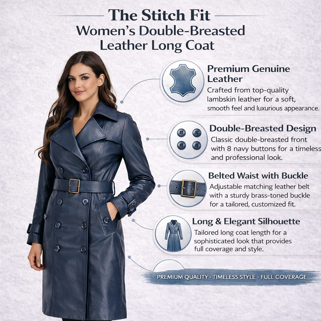 Womens Double Breasted Leather Trench Coat | Blue