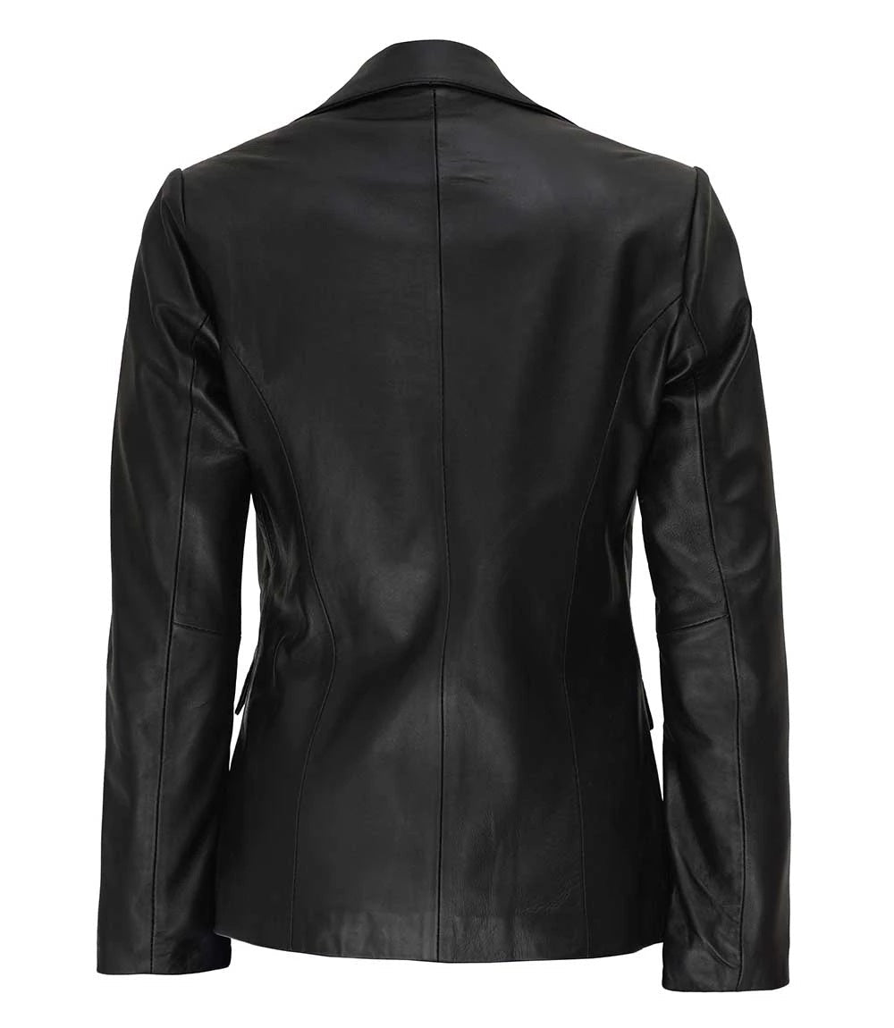 Women's Two Button Black Lambskin Leather Blazer Jacket | Black