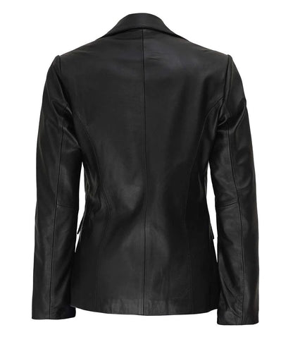 Women's Two Button Black Lambskin Leather Blazer Jacket | Black