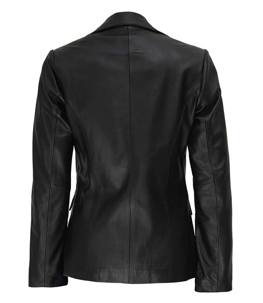 Women's Two Button Black Lambskin Leather Blazer Jacket | Black