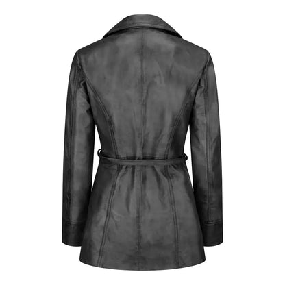Women's Belted Leather Jacket, Long Sleeve, Zip Front | Black